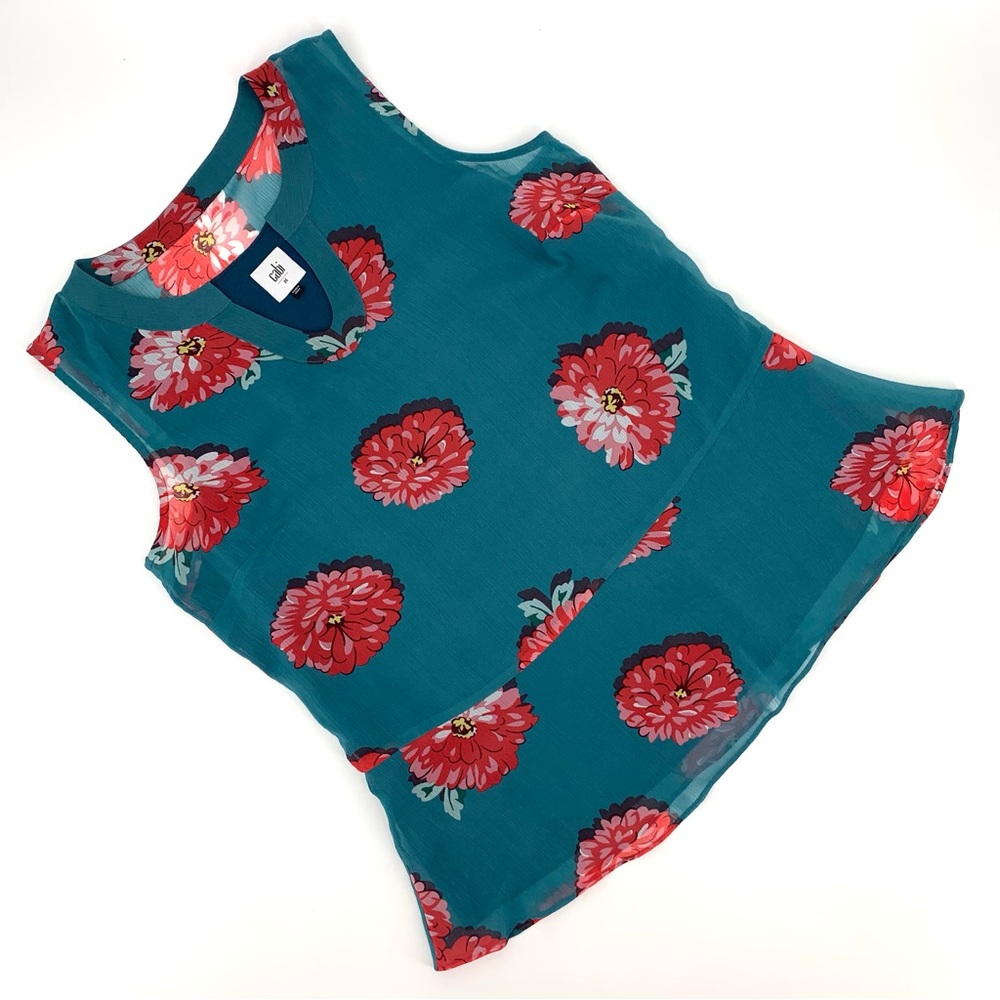 Cabi Blushing Blouse # 3445, Chrysanthemum Print Teal Sleeveless Blouse, Medium